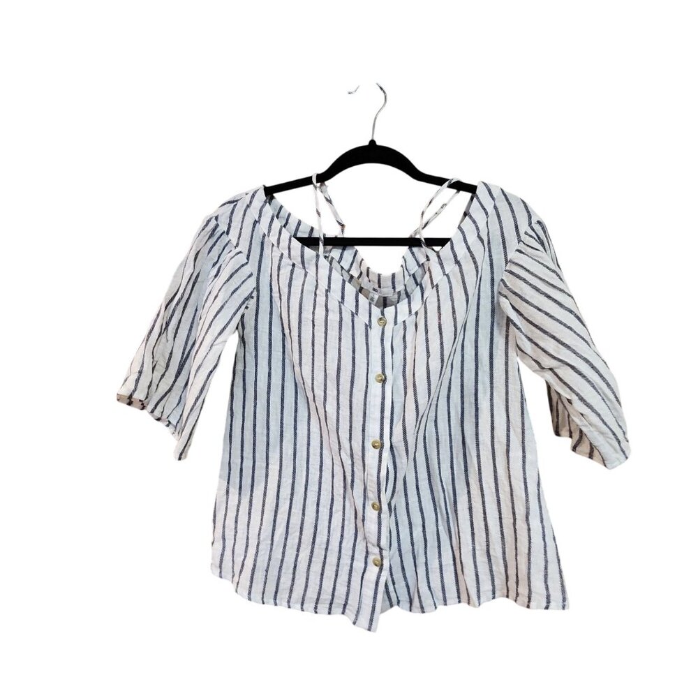 BP Womens Striped Button-Front Blouse With V-Neck & 3/4 Sleeves Lightweight Casu